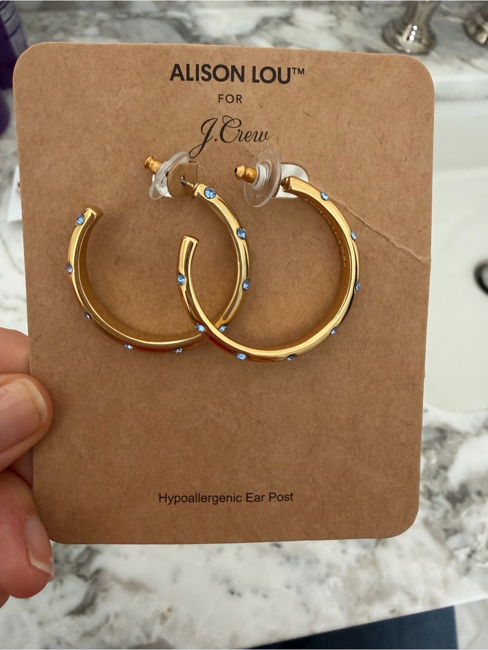 J. Crew Gold Hoops with Light Blue Stones